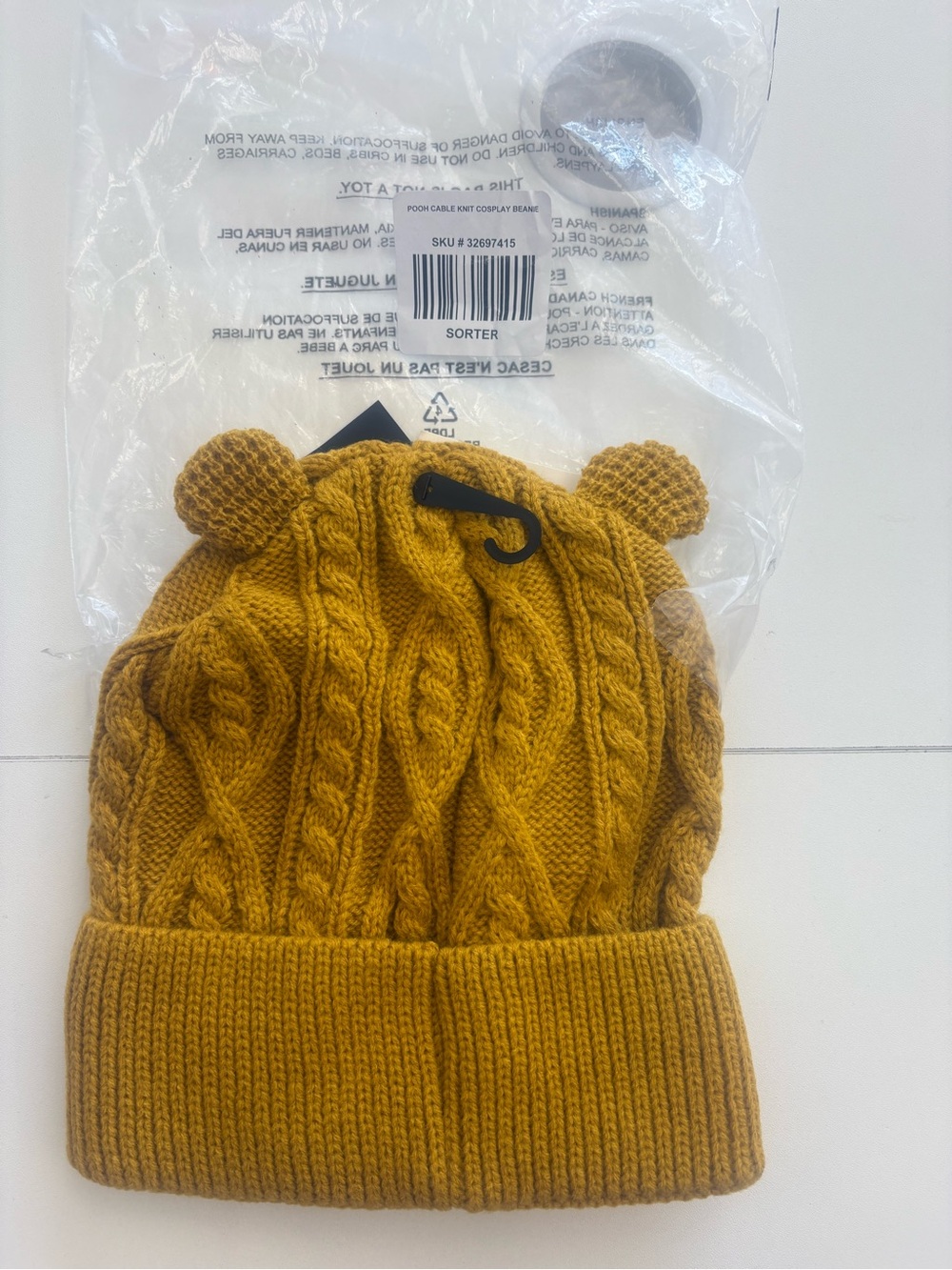 Disney Kids Winnie the Pooh Mustard Cable Knit Beanie with Ear Poms - Picture 2 of 3